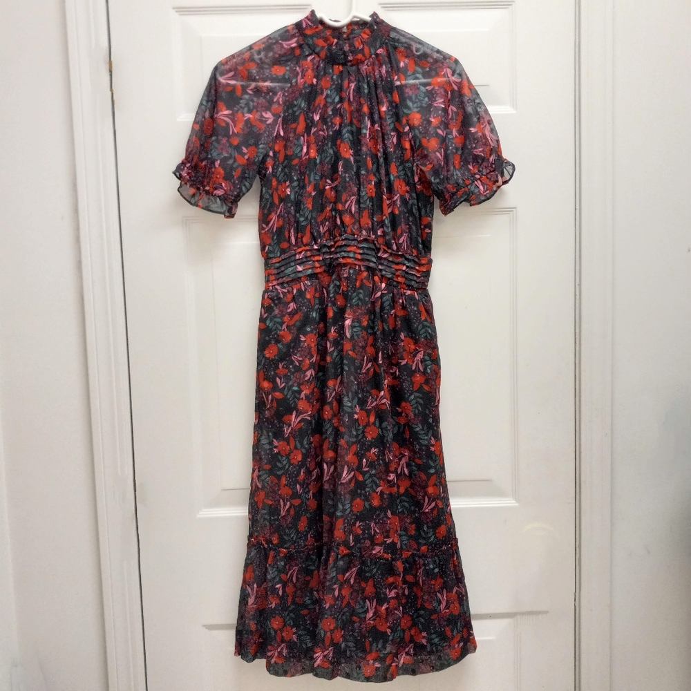Draper James Clip Dot Floral Midi Dress XS Tiered Ruffles Modest Cottagecore